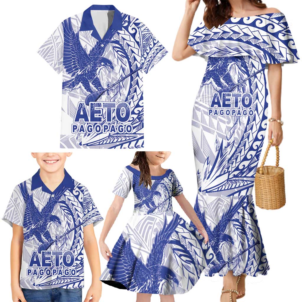 Samoa Pago Pago Aeto Family Matching Mermaid Dress and Hawaiian Shirt Wingstyle Blue-White Color - Polynesian Pride