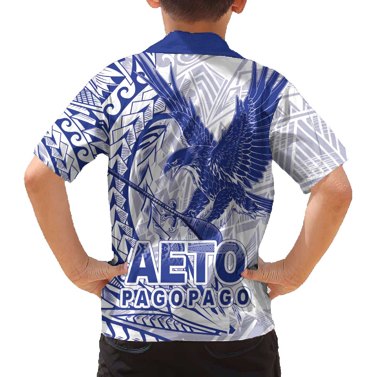 Samoa Pago Pago Aeto Family Matching Off The Shoulder Long Sleeve Dress and Hawaiian Shirt Wingstyle Blue-White Color - Polynesian Pride