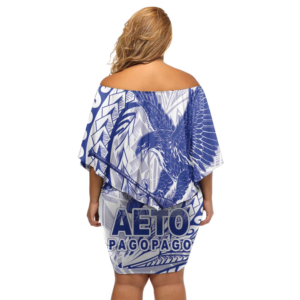 Samoa Pago Pago Aeto Family Matching Off Shoulder Short Dress and Hawaiian Shirt Wingstyle Blue-White Color - Polynesian Pride