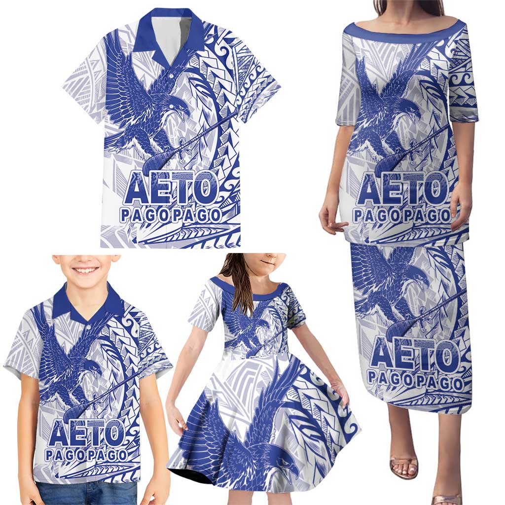 Samoa Pago Pago Aeto Family Matching Puletasi and Hawaiian Shirt Wingstyle Blue-White Color - Polynesian Pride