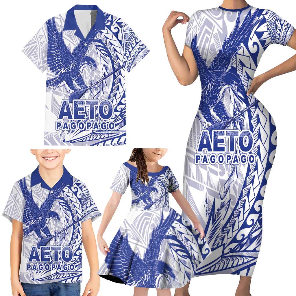 Samoa Pago Pago Aeto Family Matching Short Sleeve Bodycon Dress and Hawaiian Shirt Wingstyle Blue-White Color - Polynesian Pride