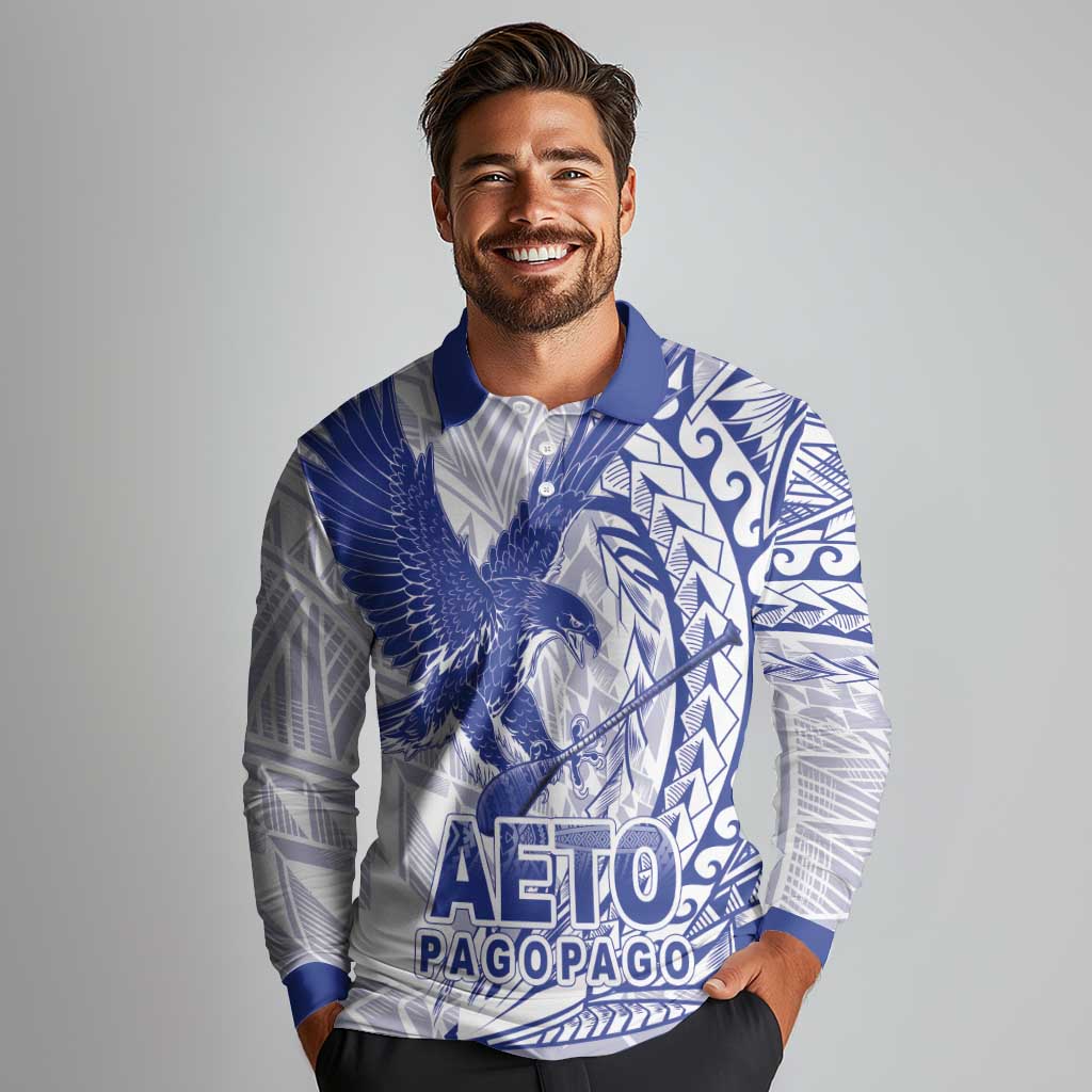American Samoa Pago Pago Aeto Long Sleeve Polo Shirt Wingstyle Blue-White Color LT03 - Polynesian Pride