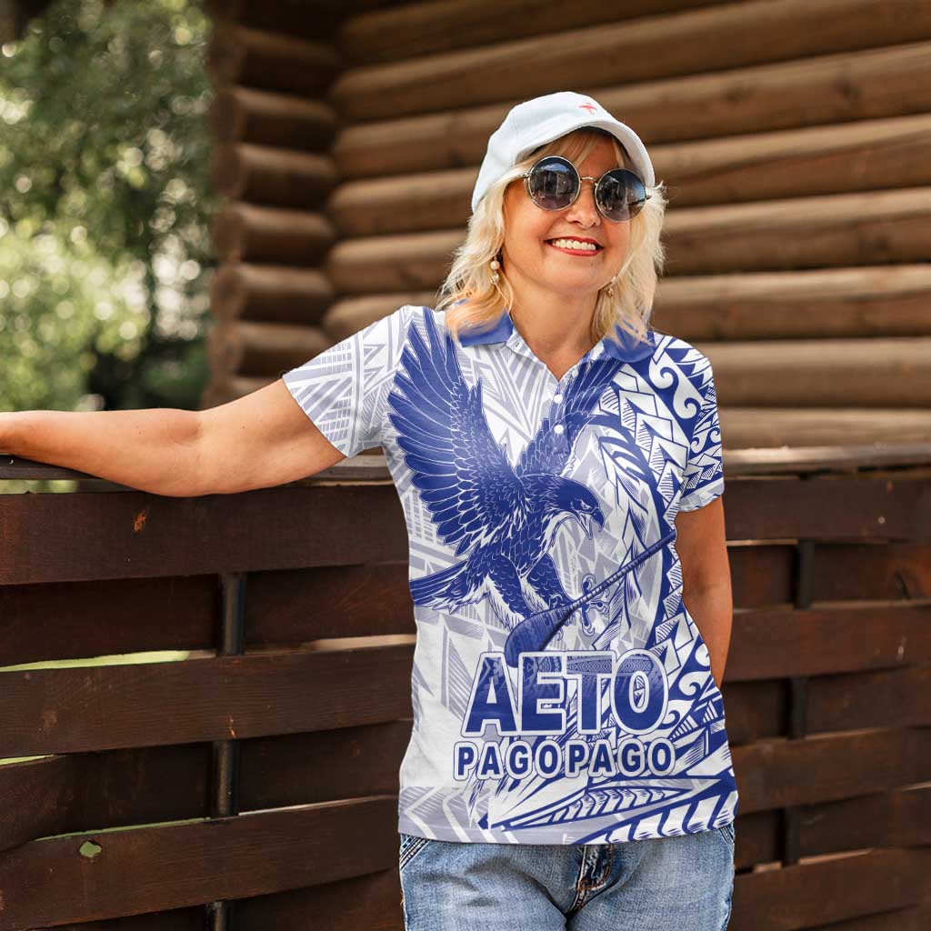 Samoa Pago Pago Aeto Women Polo Shirt Wingstyle Blue-White Color - Polynesian Pride