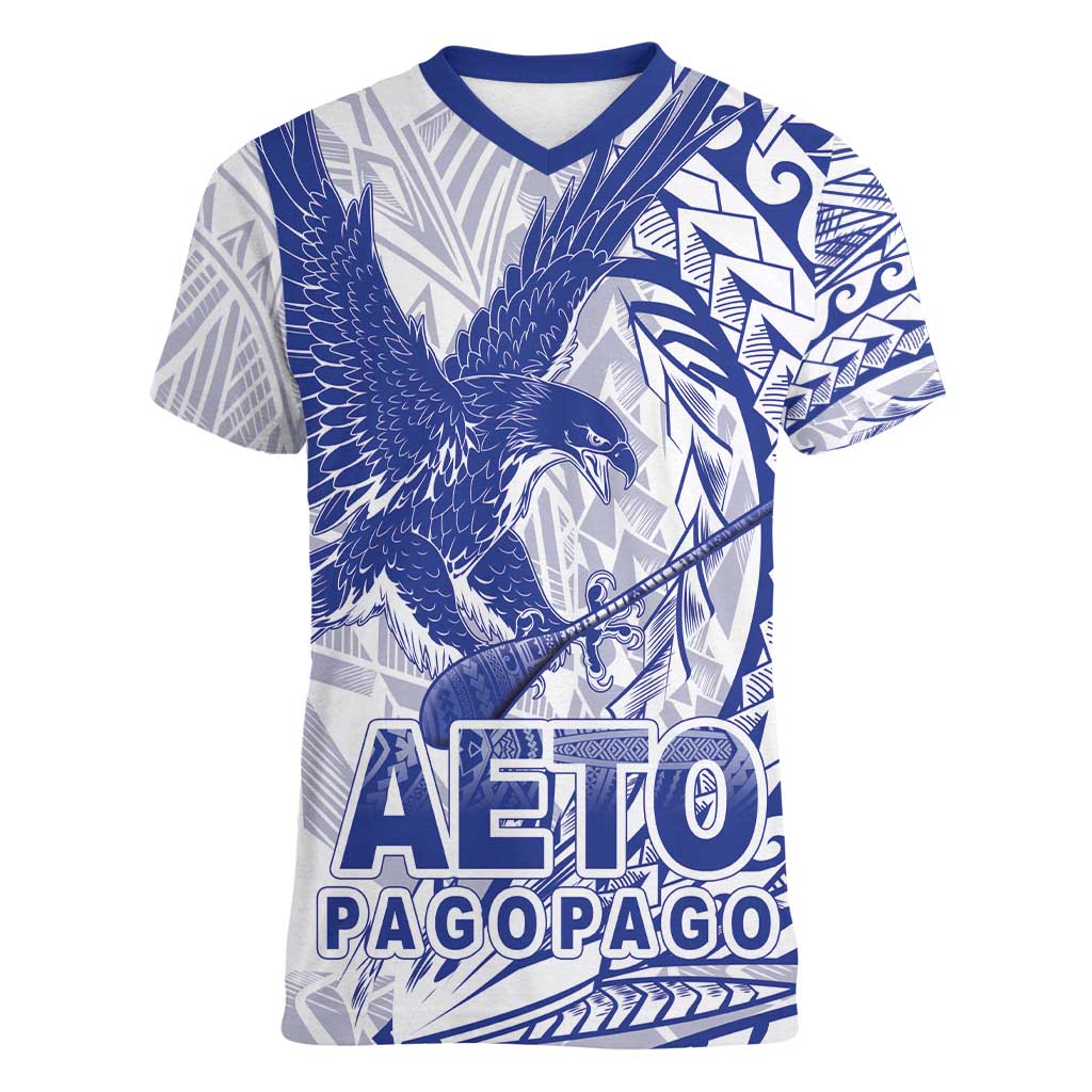 Samoa Pago Pago Aeto Women V-Neck T-Shirt Wingstyle Blue-White Color - Polynesian Pride
