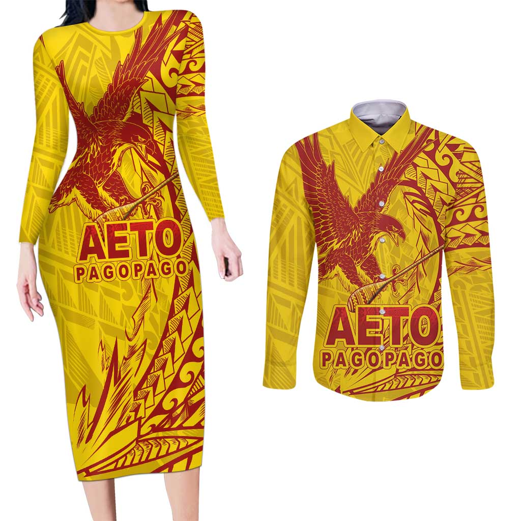 Samoa Pago Pago Aeto Couples Matching Long Sleeve Bodycon Dress and Long Sleeve Button Shirt Wingstyle Red-Gold Color - Polynesian Pride