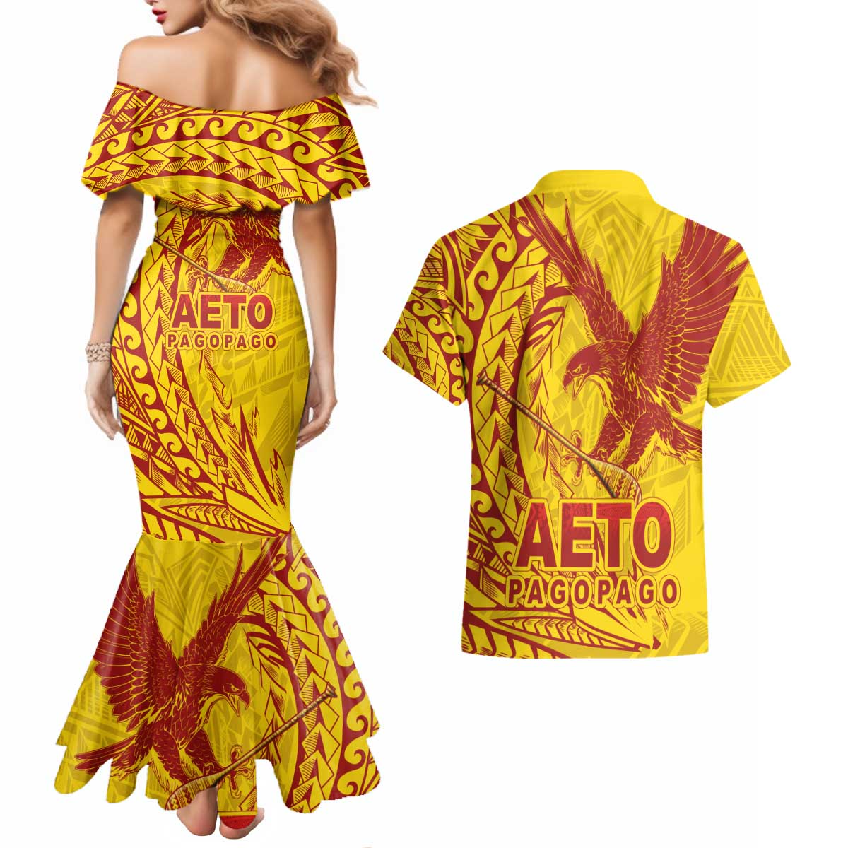 Samoa Pago Pago Aeto Couples Matching Mermaid Dress and Hawaiian Shirt Wingstyle Red-Gold Color - Polynesian Pride