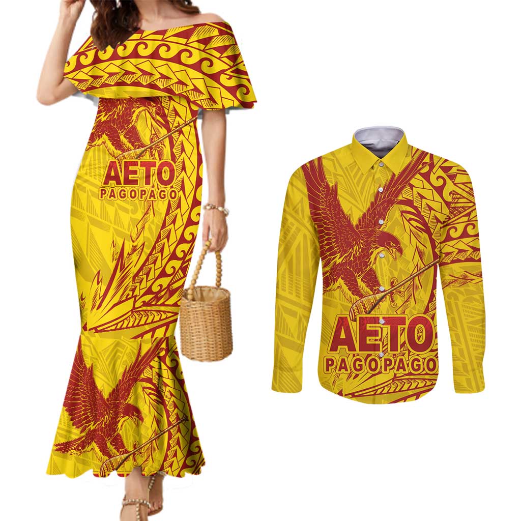 Samoa Pago Pago Aeto Couples Matching Mermaid Dress and Long Sleeve Button Shirt Wingstyle Red-Gold Color - Polynesian Pride
