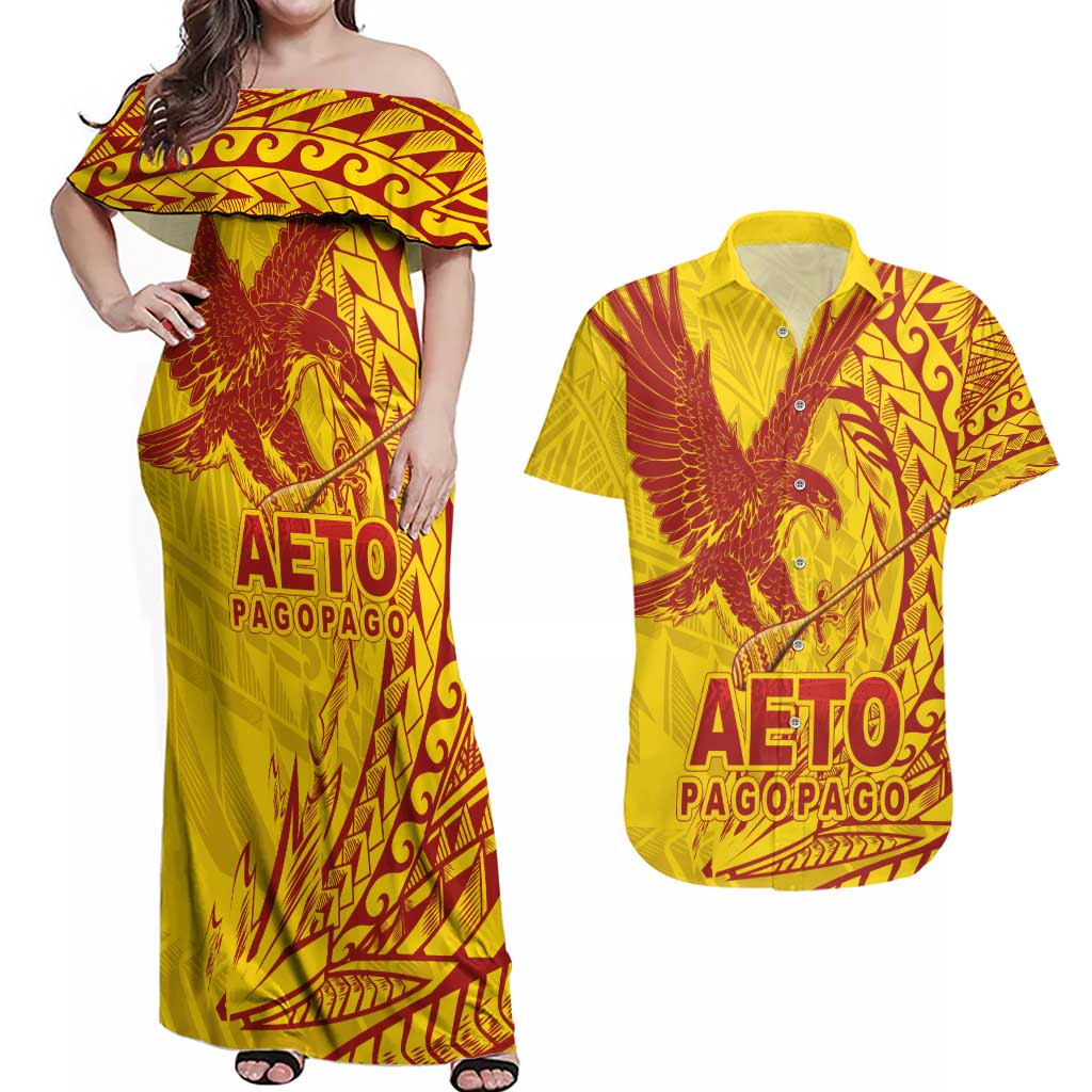 Samoa Pago Pago Aeto Couples Matching Off Shoulder Maxi Dress and Hawaiian Shirt Wingstyle Red-Gold Color - Polynesian Pride