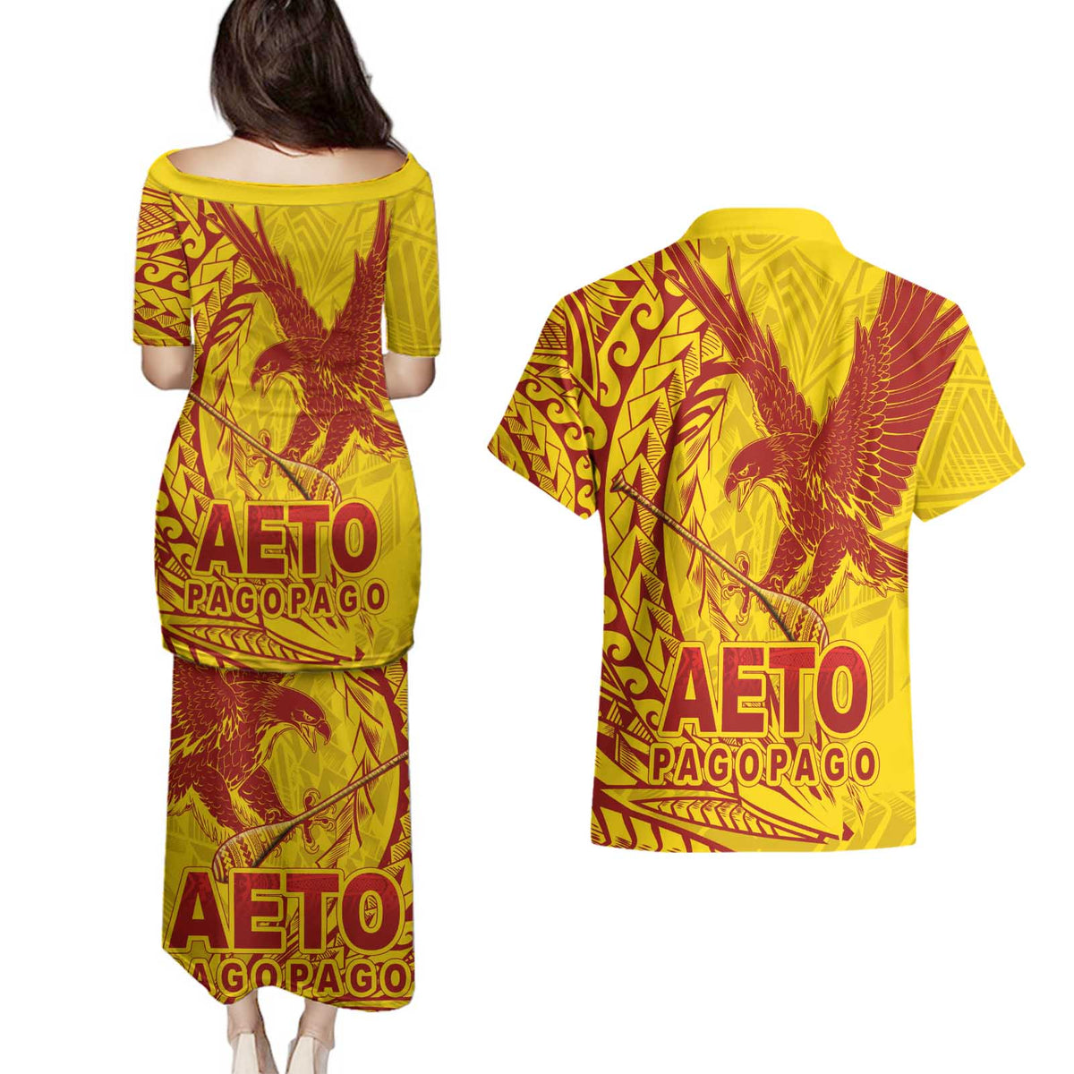 Samoa Pago Pago Aeto Couples Matching Puletasi and Hawaiian Shirt Wingstyle Red-Gold Color - Polynesian Pride
