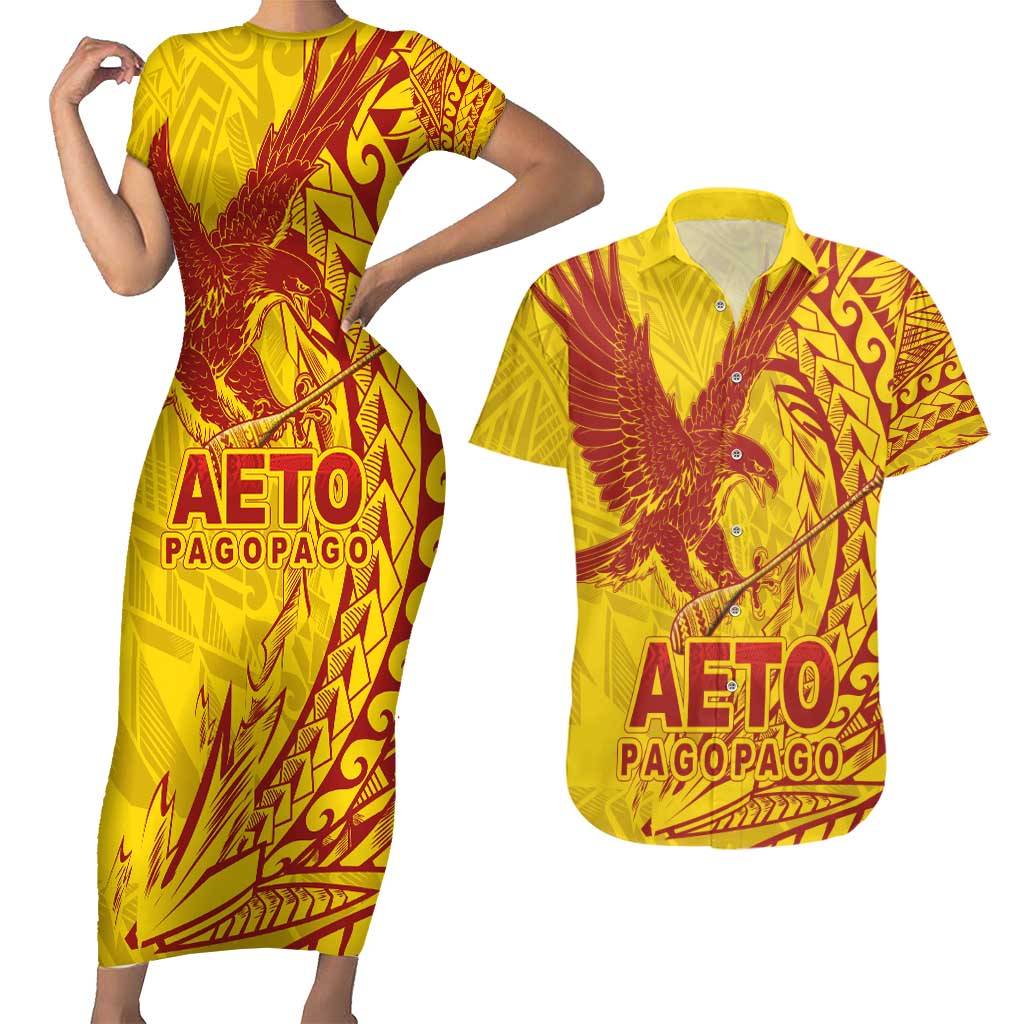 Samoa Pago Pago Aeto Couples Matching Short Sleeve Bodycon Dress and Hawaiian Shirt Wingstyle Red-Gold Color - Polynesian Pride