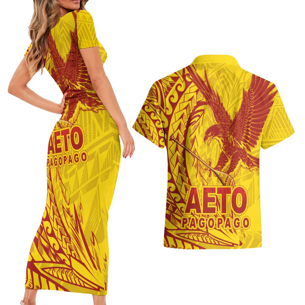 Samoa Pago Pago Aeto Couples Matching Short Sleeve Bodycon Dress and Hawaiian Shirt Wingstyle Red-Gold Color - Polynesian Pride