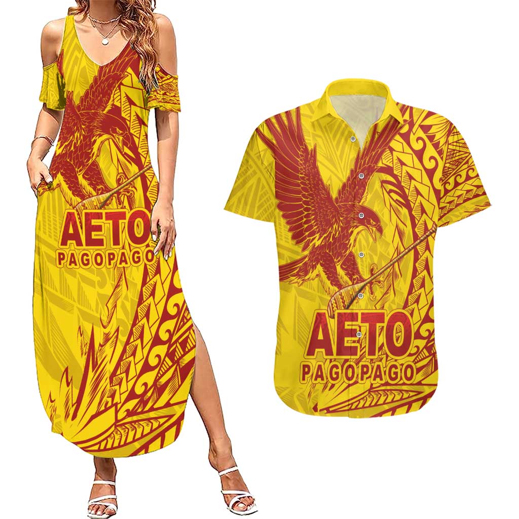 Samoa Pago Pago Aeto Couples Matching Summer Maxi Dress and Hawaiian Shirt Wingstyle Red-Gold Color - Polynesian Pride
