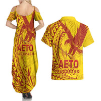 Samoa Pago Pago Aeto Couples Matching Summer Maxi Dress and Hawaiian Shirt Wingstyle Red-Gold Color - Polynesian Pride