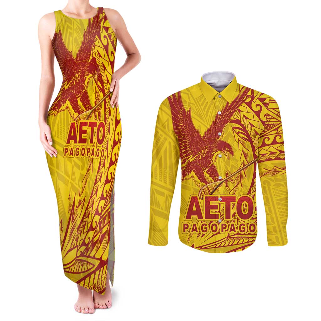 Samoa Pago Pago Aeto Couples Matching Tank Maxi Dress and Long Sleeve Button Shirt Wingstyle Red-Gold Color - Polynesian Pride