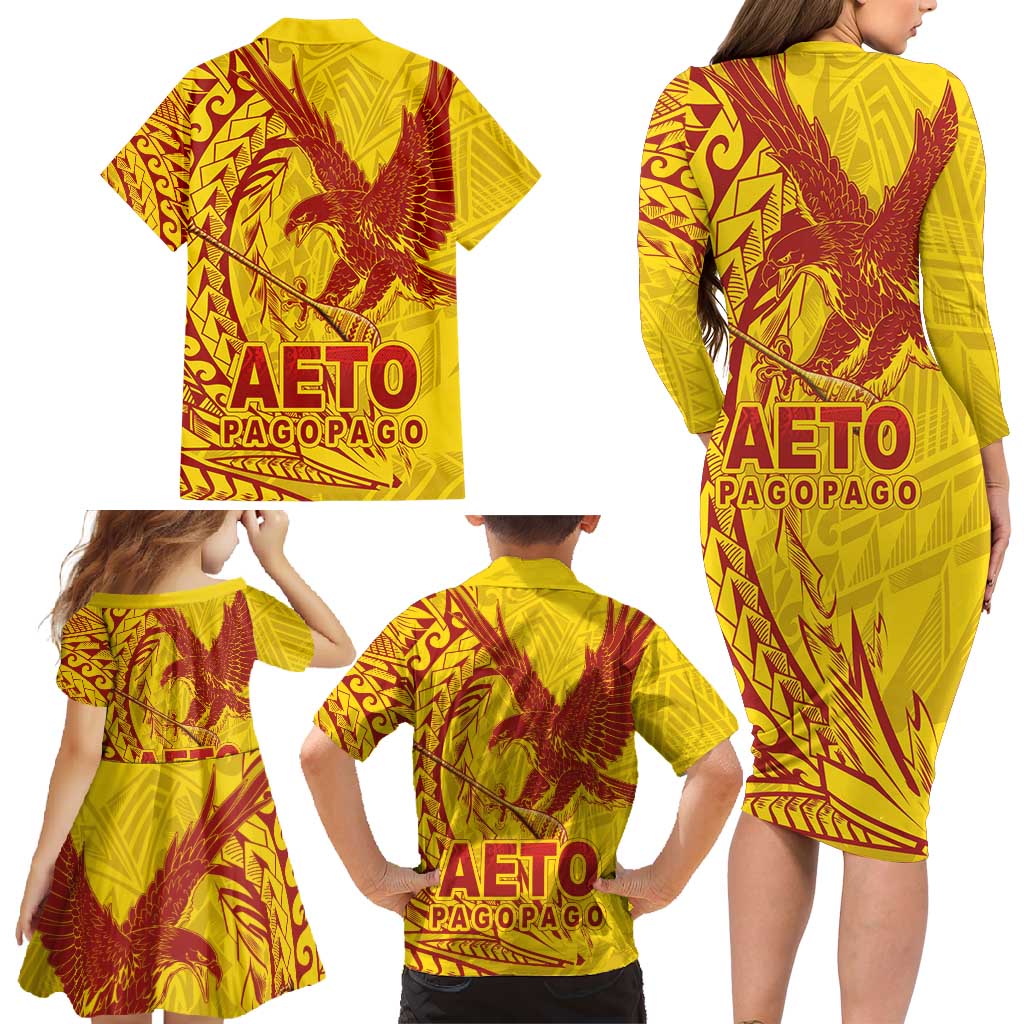 Samoa Pago Pago Aeto Family Matching Long Sleeve Bodycon Dress and Hawaiian Shirt Wingstyle Red-Gold Color - Polynesian Pride