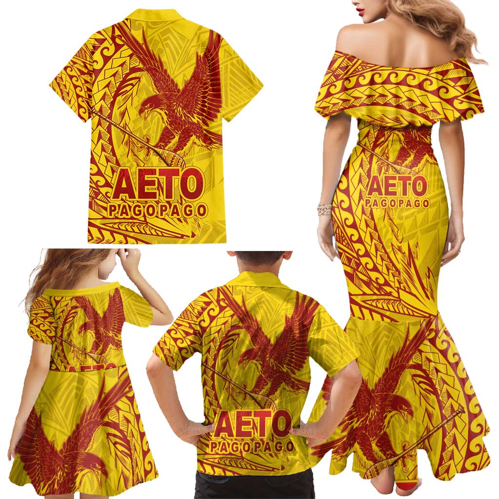 Samoa Pago Pago Aeto Family Matching Mermaid Dress and Hawaiian Shirt Wingstyle Red-Gold Color - Polynesian Pride