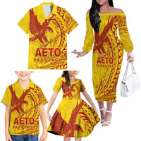 Samoa Pago Pago Aeto Family Matching Off The Shoulder Long Sleeve Dress and Hawaiian Shirt Wingstyle Red-Gold Color - Polynesian Pride