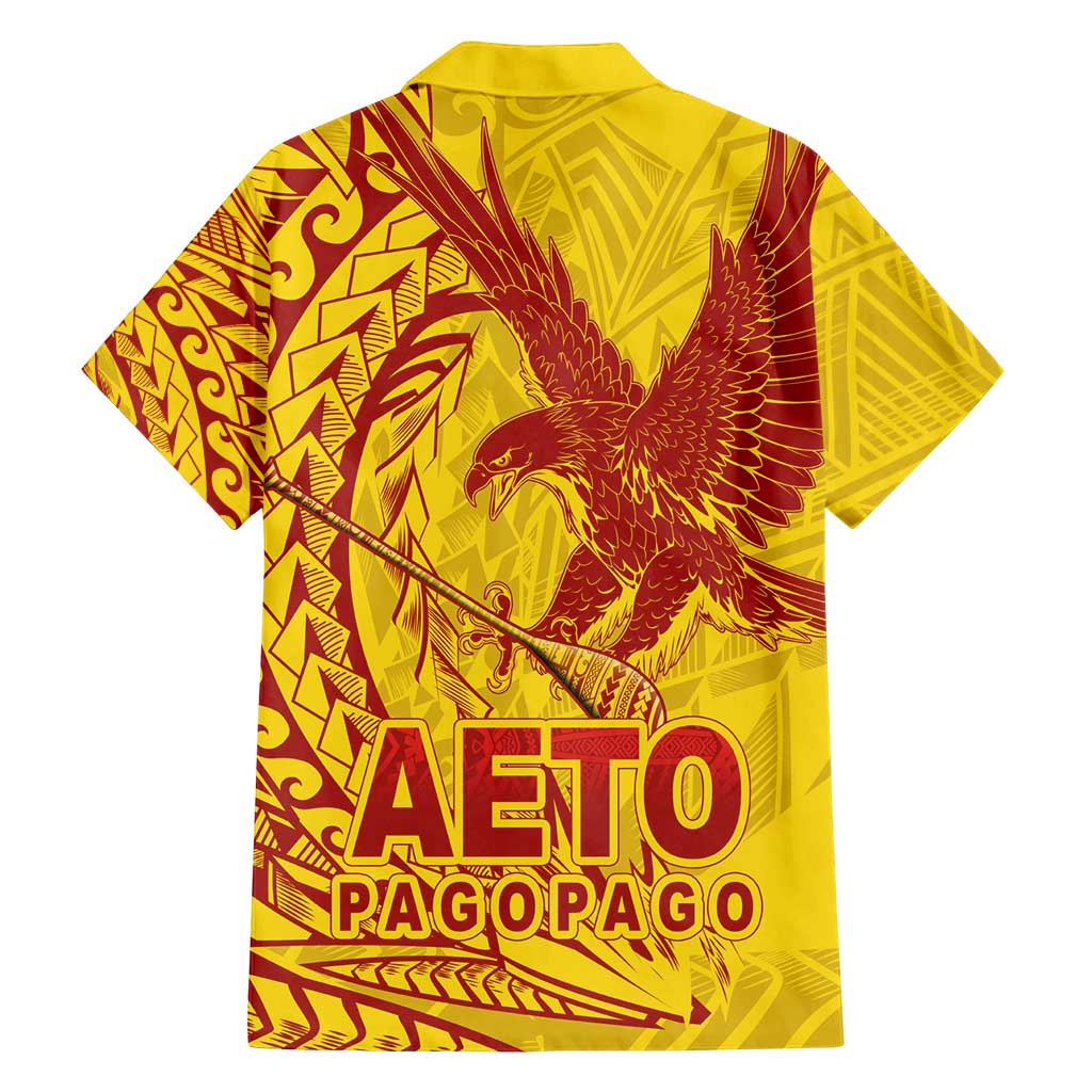 Samoa Pago Pago Aeto Family Matching Off Shoulder Short Dress and Hawaiian Shirt Wingstyle Red-Gold Color - Polynesian Pride