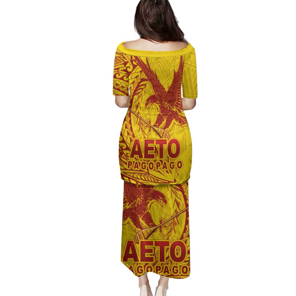 Samoa Pago Pago Aeto Family Matching Puletasi and Hawaiian Shirt Wingstyle Red-Gold Color - Polynesian Pride