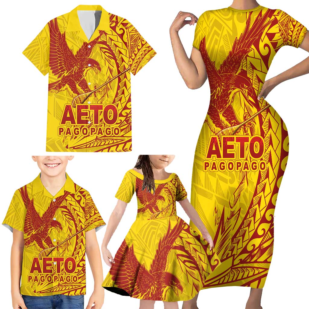 Samoa Pago Pago Aeto Family Matching Short Sleeve Bodycon Dress and Hawaiian Shirt Wingstyle Red-Gold Color - Polynesian Pride