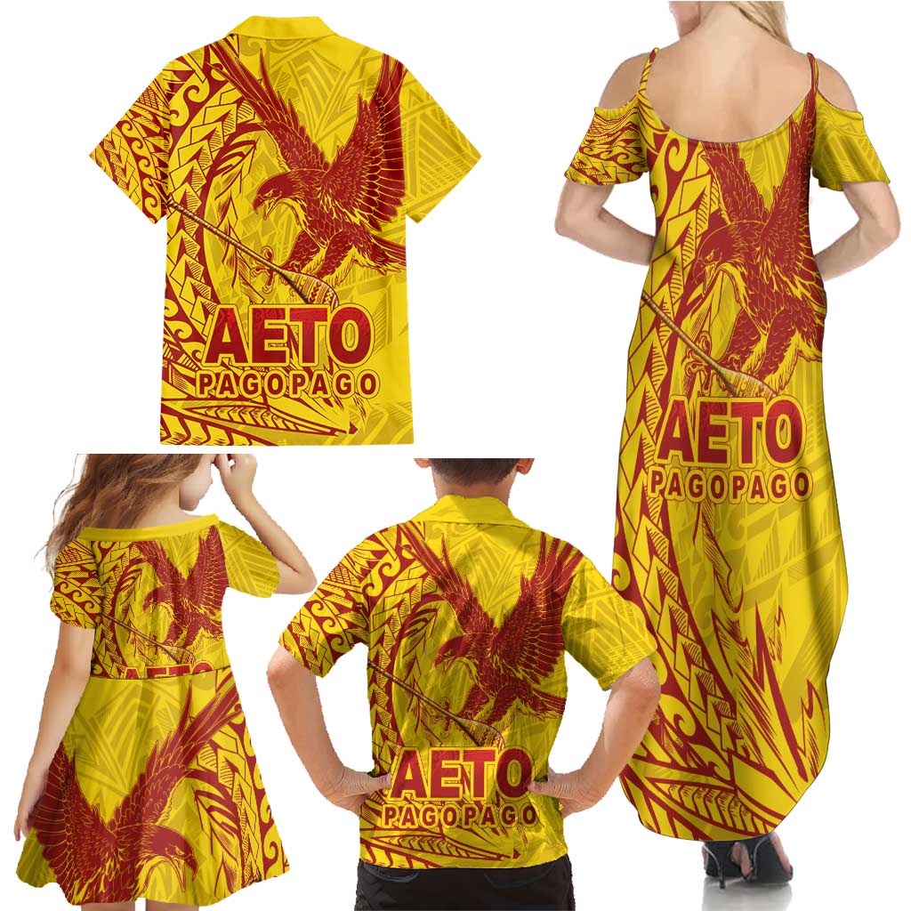 Samoa Pago Pago Aeto Family Matching Summer Maxi Dress and Hawaiian Shirt Wingstyle Red-Gold Color - Polynesian Pride