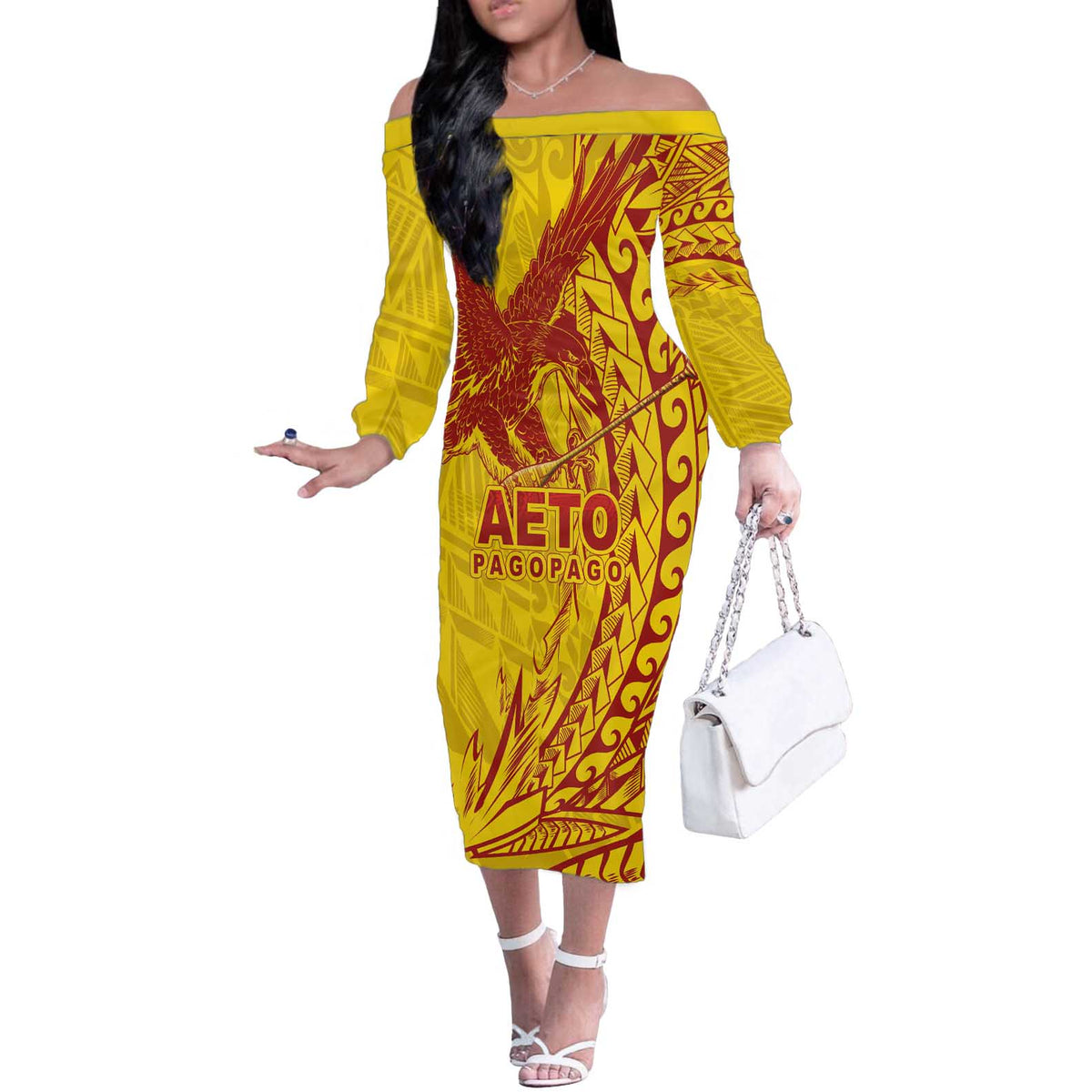 Samoa Pago Pago Aeto Off The Shoulder Long Sleeve Dress Wingstyle Red-Gold Color - Polynesian Pride