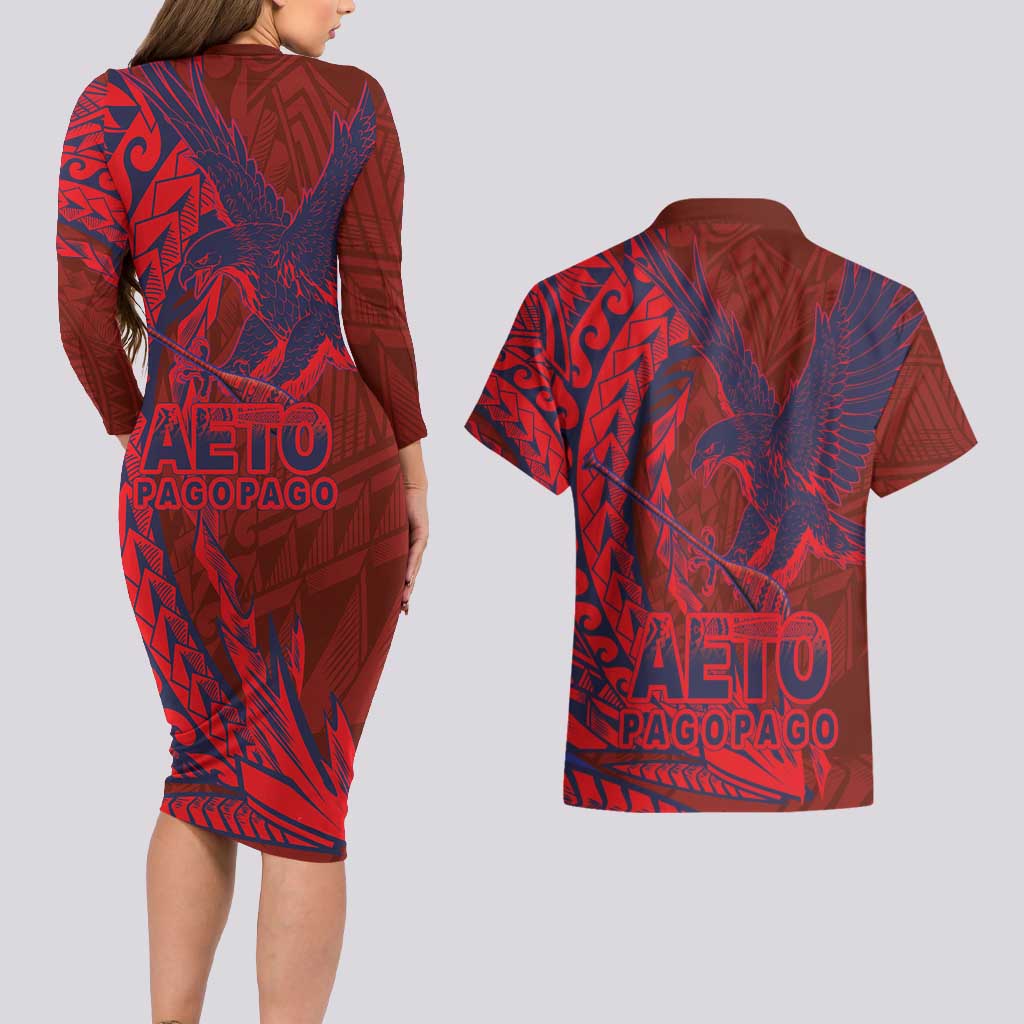 Samoa Pago Pago Aeto Couples Matching Long Sleeve Bodycon Dress and Hawaiian Shirt Wingstyle Red-Blue Color - Polynesian Pride