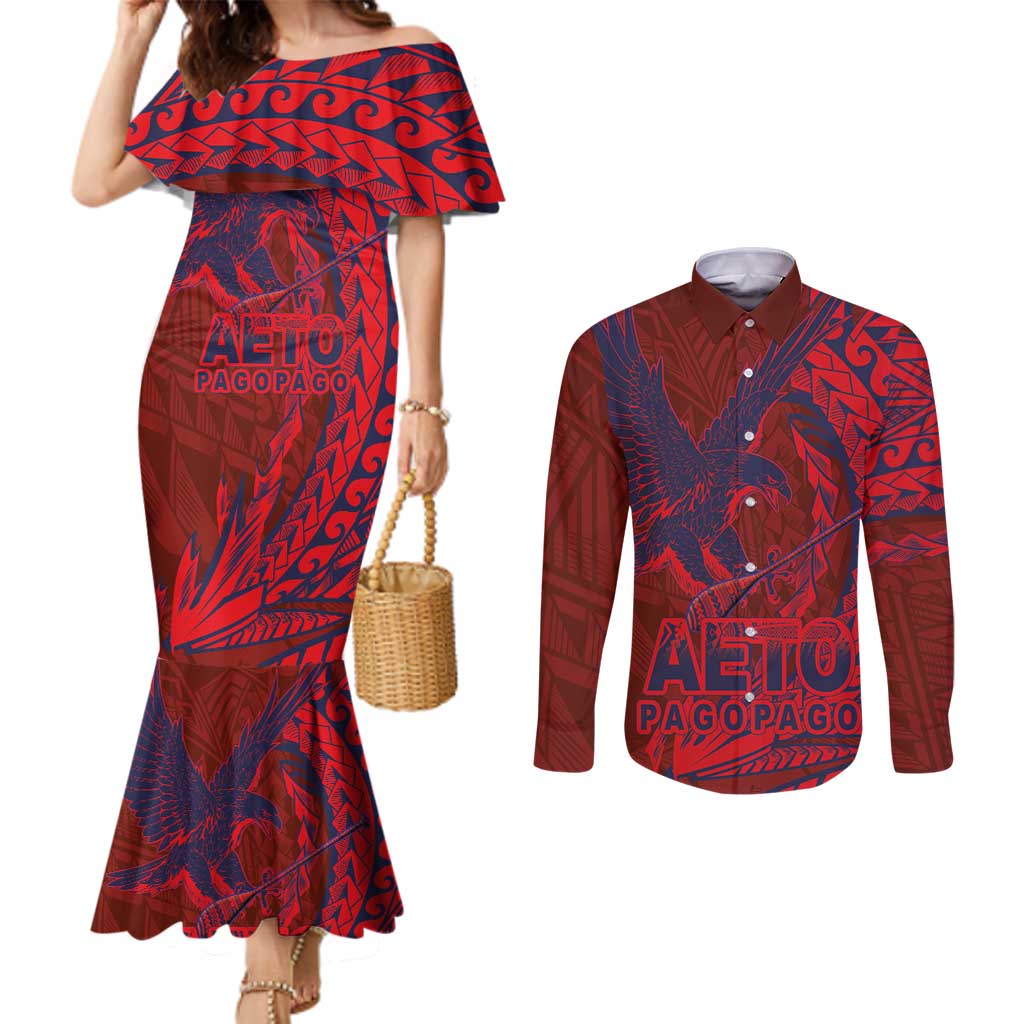 Samoa Pago Pago Aeto Couples Matching Mermaid Dress and Long Sleeve Button Shirt Wingstyle Red-Blue Color - Polynesian Pride