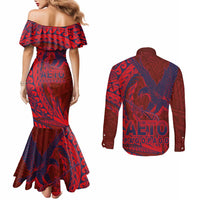 Samoa Pago Pago Aeto Couples Matching Mermaid Dress and Long Sleeve Button Shirt Wingstyle Red-Blue Color - Polynesian Pride