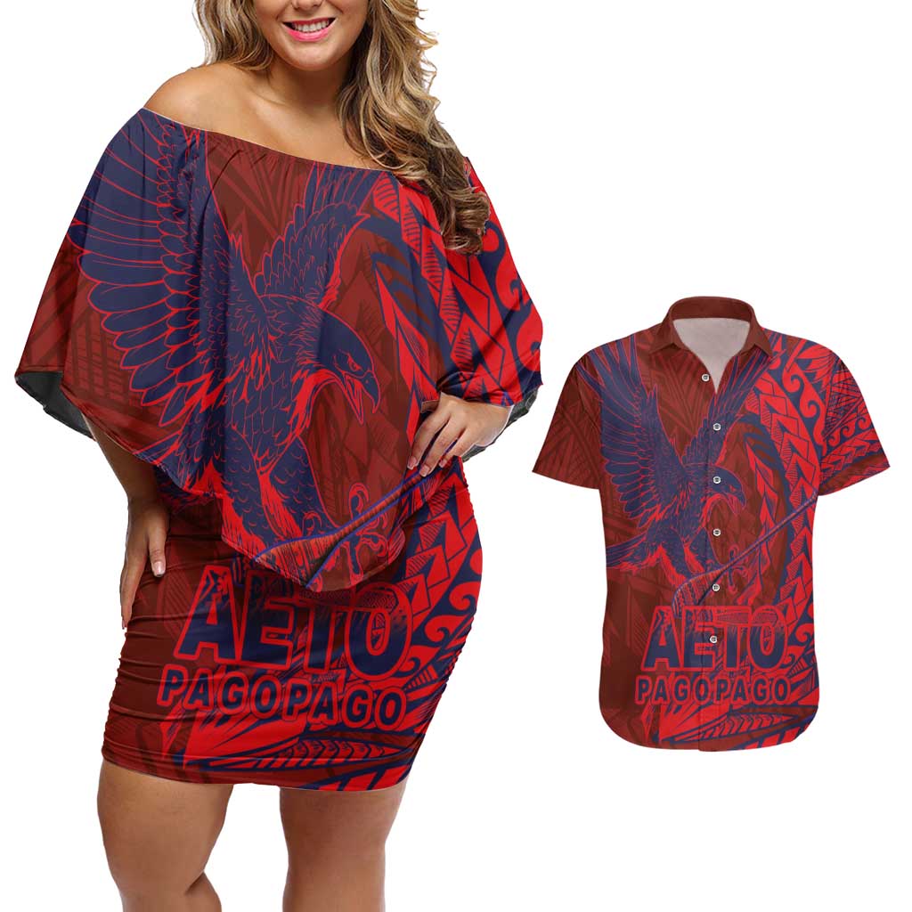 Samoa Pago Pago Aeto Couples Matching Off Shoulder Short Dress and Hawaiian Shirt Wingstyle Red-Blue Color - Polynesian Pride