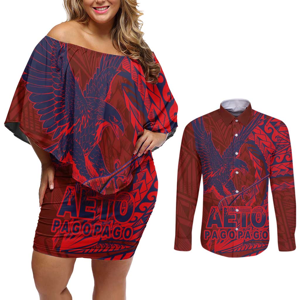 Samoa Pago Pago Aeto Couples Matching Off Shoulder Short Dress and Long Sleeve Button Shirt Wingstyle Red-Blue Color - Polynesian Pride