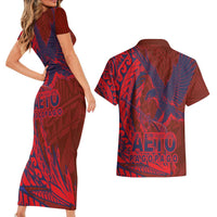 Samoa Pago Pago Aeto Couples Matching Short Sleeve Bodycon Dress and Hawaiian Shirt Wingstyle Red-Blue Color - Polynesian Pride