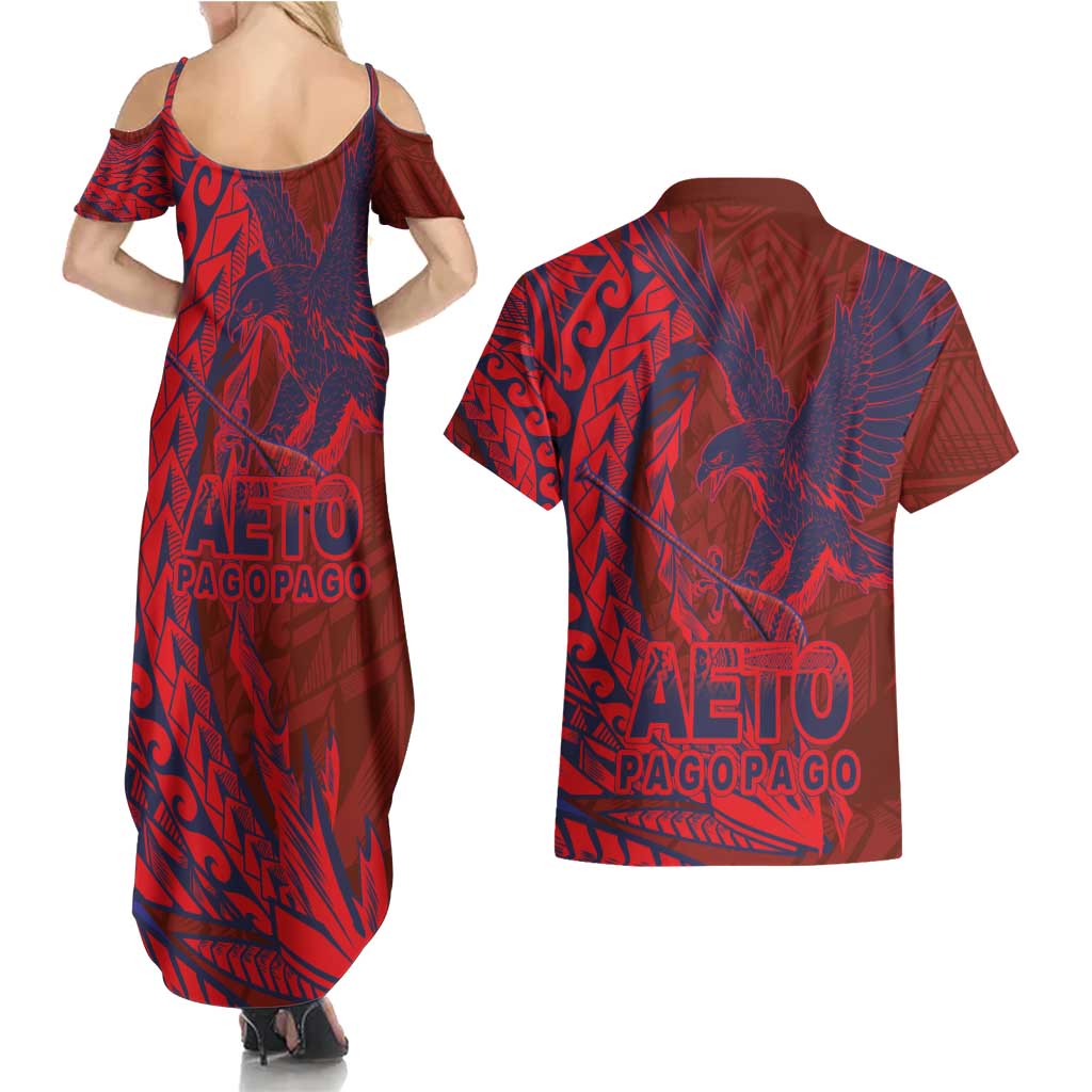 Samoa Pago Pago Aeto Couples Matching Summer Maxi Dress and Hawaiian Shirt Wingstyle Red-Blue Color - Polynesian Pride
