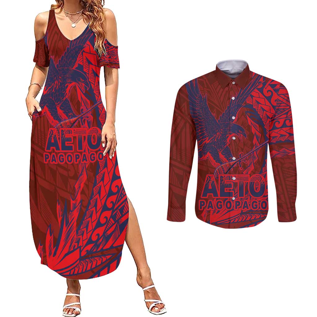 Samoa Pago Pago Aeto Couples Matching Summer Maxi Dress and Long Sleeve Button Shirt Wingstyle Red-Blue Color - Polynesian Pride