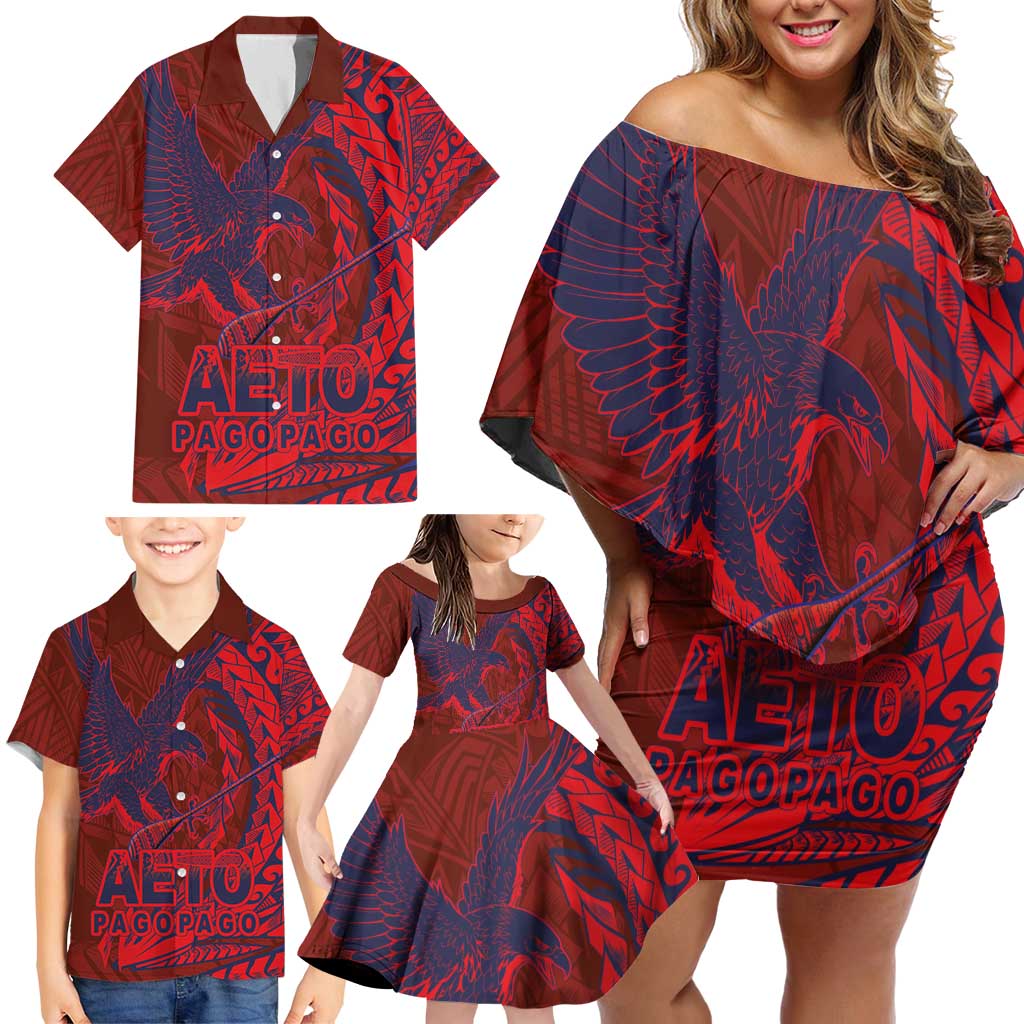 Samoa Pago Pago Aeto Family Matching Off Shoulder Short Dress and Hawaiian Shirt Wingstyle Red-Blue Color - Polynesian Pride