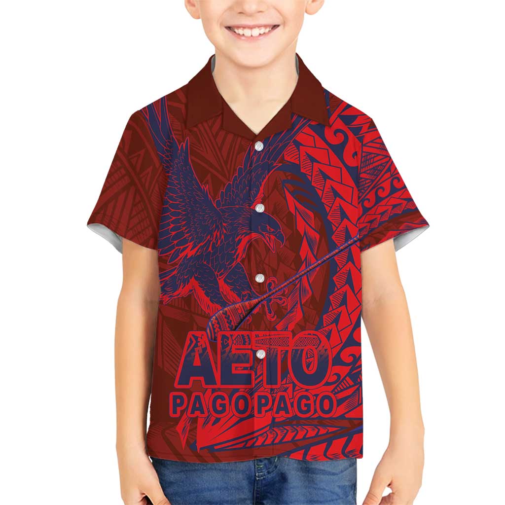 Samoa Pago Pago Aeto Family Matching Off Shoulder Short Dress and Hawaiian Shirt Wingstyle Red-Blue Color - Polynesian Pride