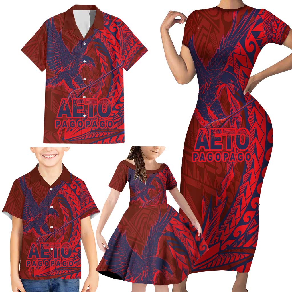 Samoa Pago Pago Aeto Family Matching Short Sleeve Bodycon Dress and Hawaiian Shirt Wingstyle Red-Blue Color - Polynesian Pride