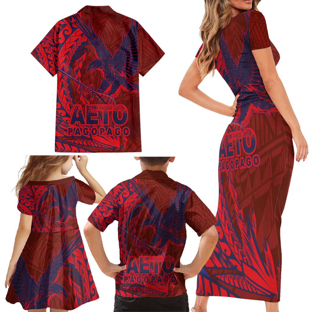 Samoa Pago Pago Aeto Family Matching Short Sleeve Bodycon Dress and Hawaiian Shirt Wingstyle Red-Blue Color - Polynesian Pride