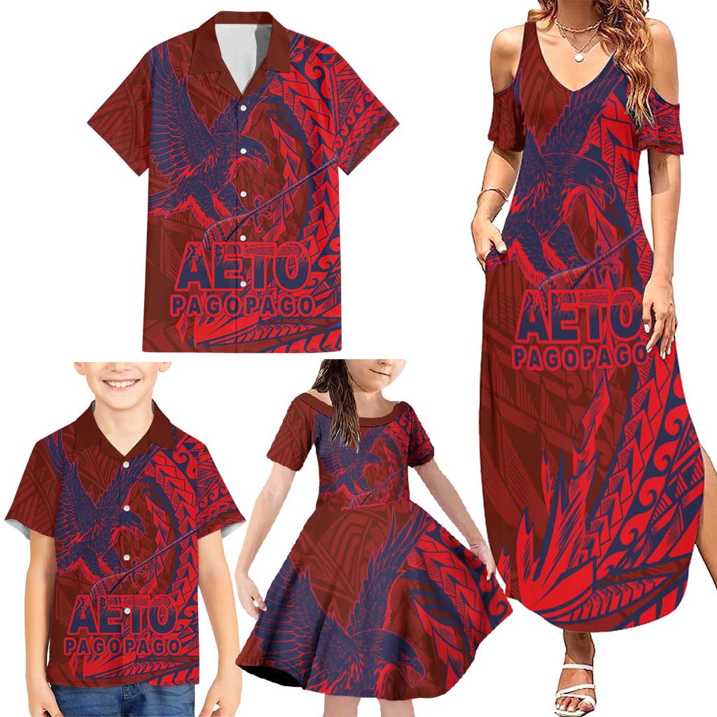 Samoa Pago Pago Aeto Family Matching Summer Maxi Dress and Hawaiian Shirt Wingstyle Red-Blue Color - Polynesian Pride