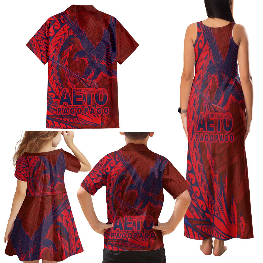 Samoa Pago Pago Aeto Family Matching Tank Maxi Dress and Hawaiian Shirt Wingstyle Red-Blue Color - Polynesian Pride