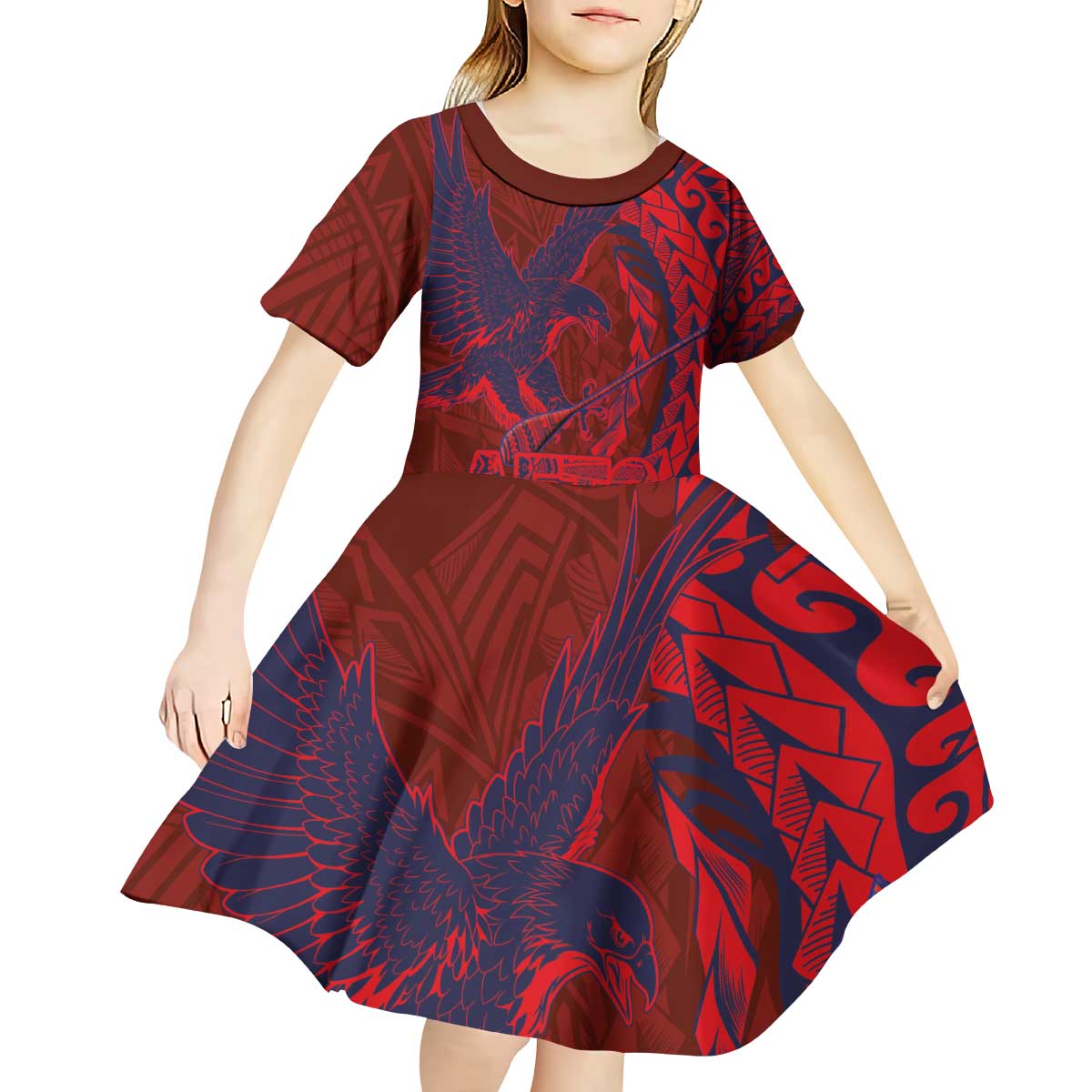 Samoa Pago Pago Aeto Kid Short Sleeve Dress Wingstyle Red-Blue Color - Polynesian Pride