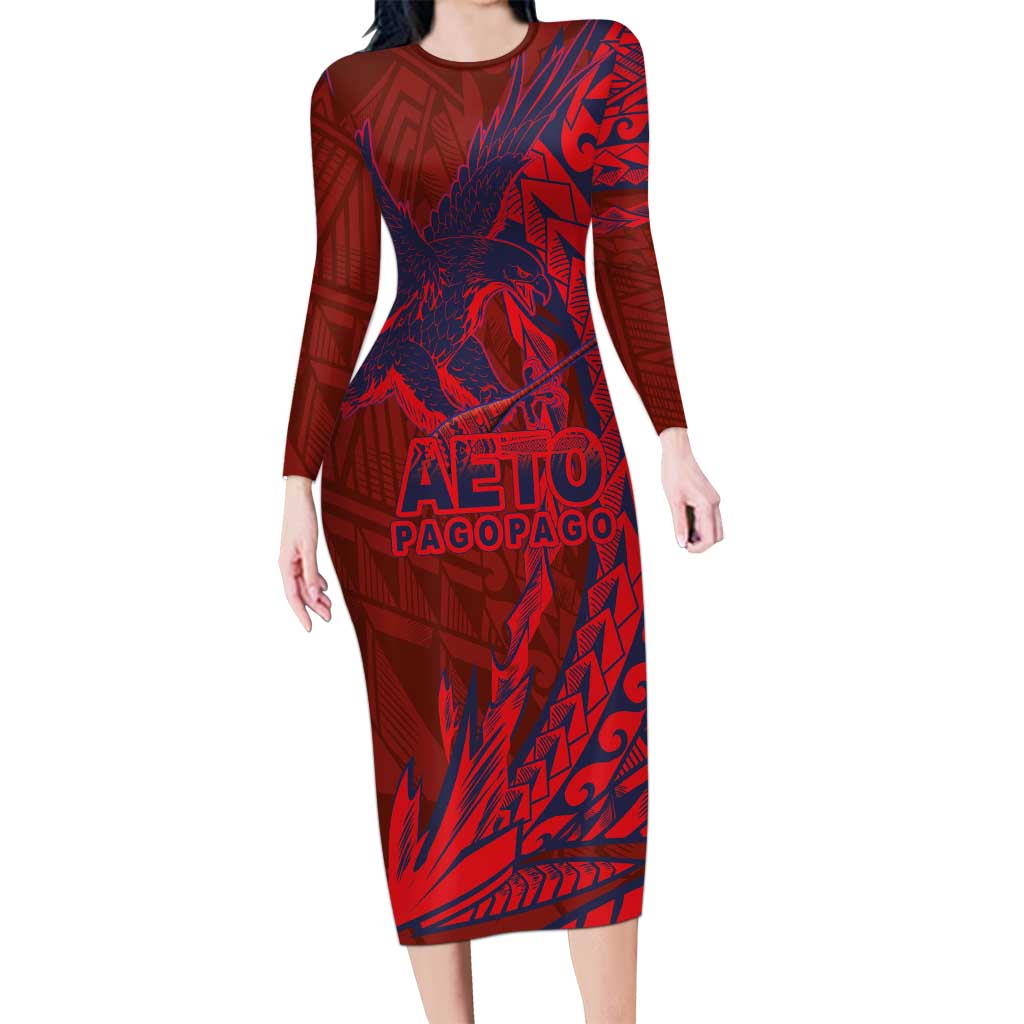 Samoa Pago Pago Aeto Long Sleeve Bodycon Dress Wingstyle Red-Blue Color - Polynesian Pride