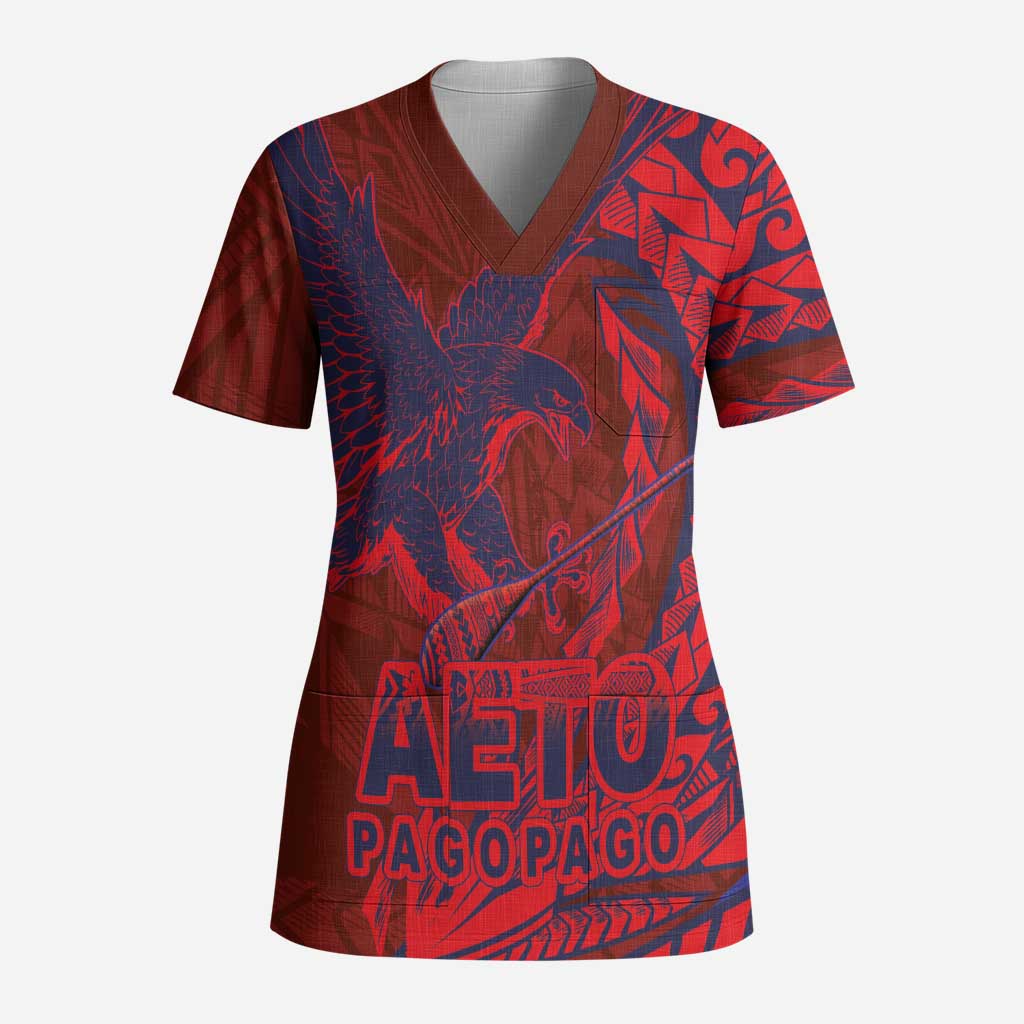 American Samoa Pago Pago Aeto Scrub Top Wingstyle Red-Blue Color - Polynesian Pride
