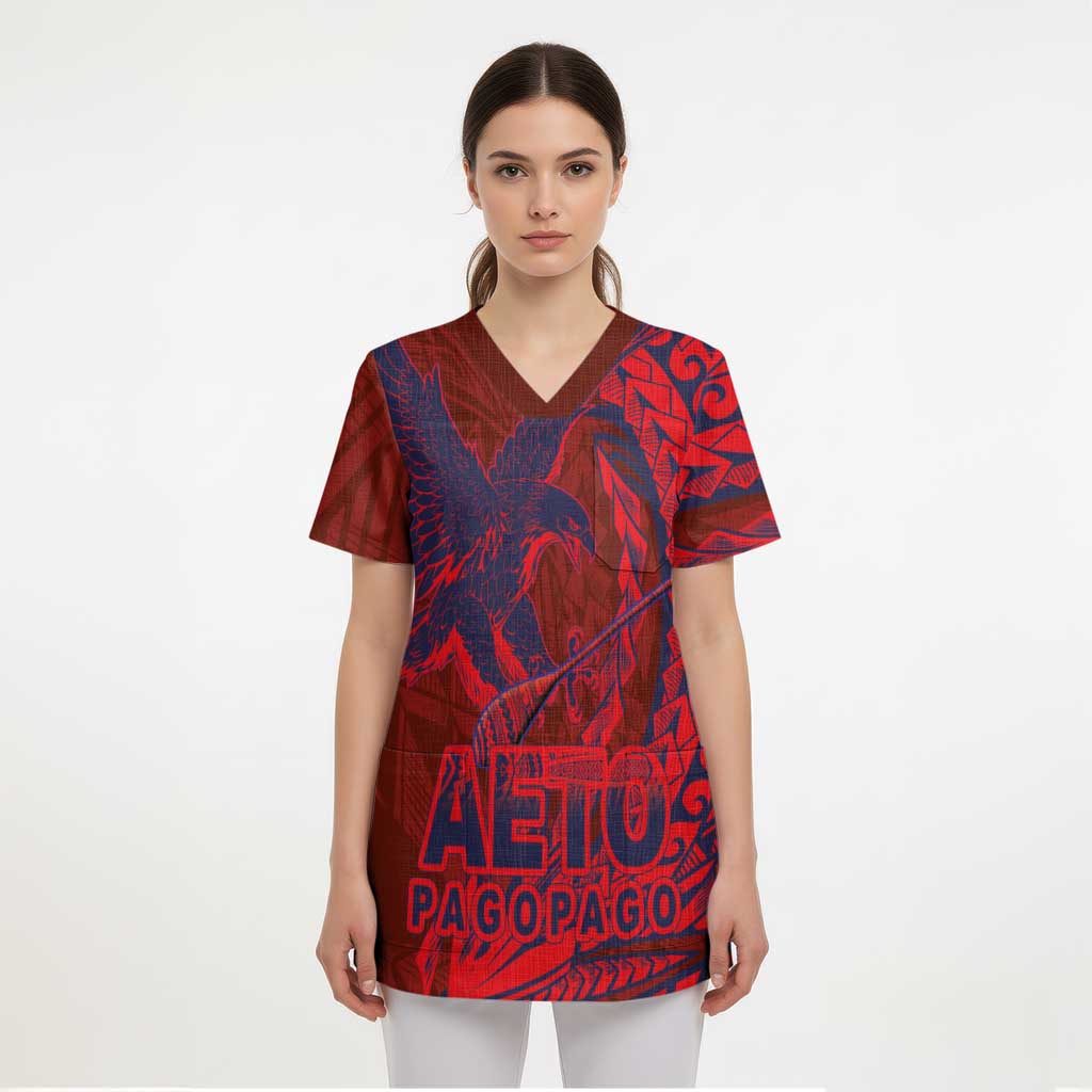 American Samoa Pago Pago Aeto Scrub Top Wingstyle Red-Blue Color - Polynesian Pride