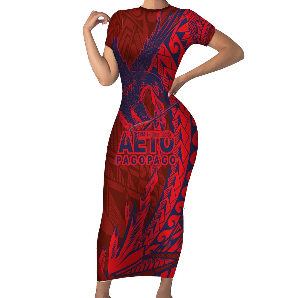 Samoa Pago Pago Aeto Short Sleeve Bodycon Dress Wingstyle Red-Blue Color - Polynesian Pride