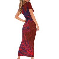 Samoa Pago Pago Aeto Short Sleeve Bodycon Dress Wingstyle Red-Blue Color - Polynesian Pride