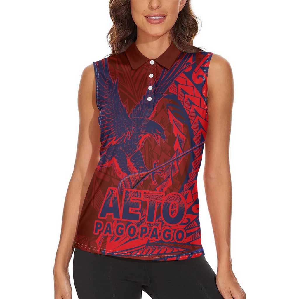 Samoa Pago Pago Aeto Women Sleeveless Polo Shirt Wingstyle Red-Blue Color - Polynesian Pride
