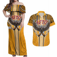 Samoa Pago Pago Aeto Couples Matching Off Shoulder Maxi Dress and Hawaiian Shirt Bald Eagle with Polynesian Art Tattoos - Polynesian Pride