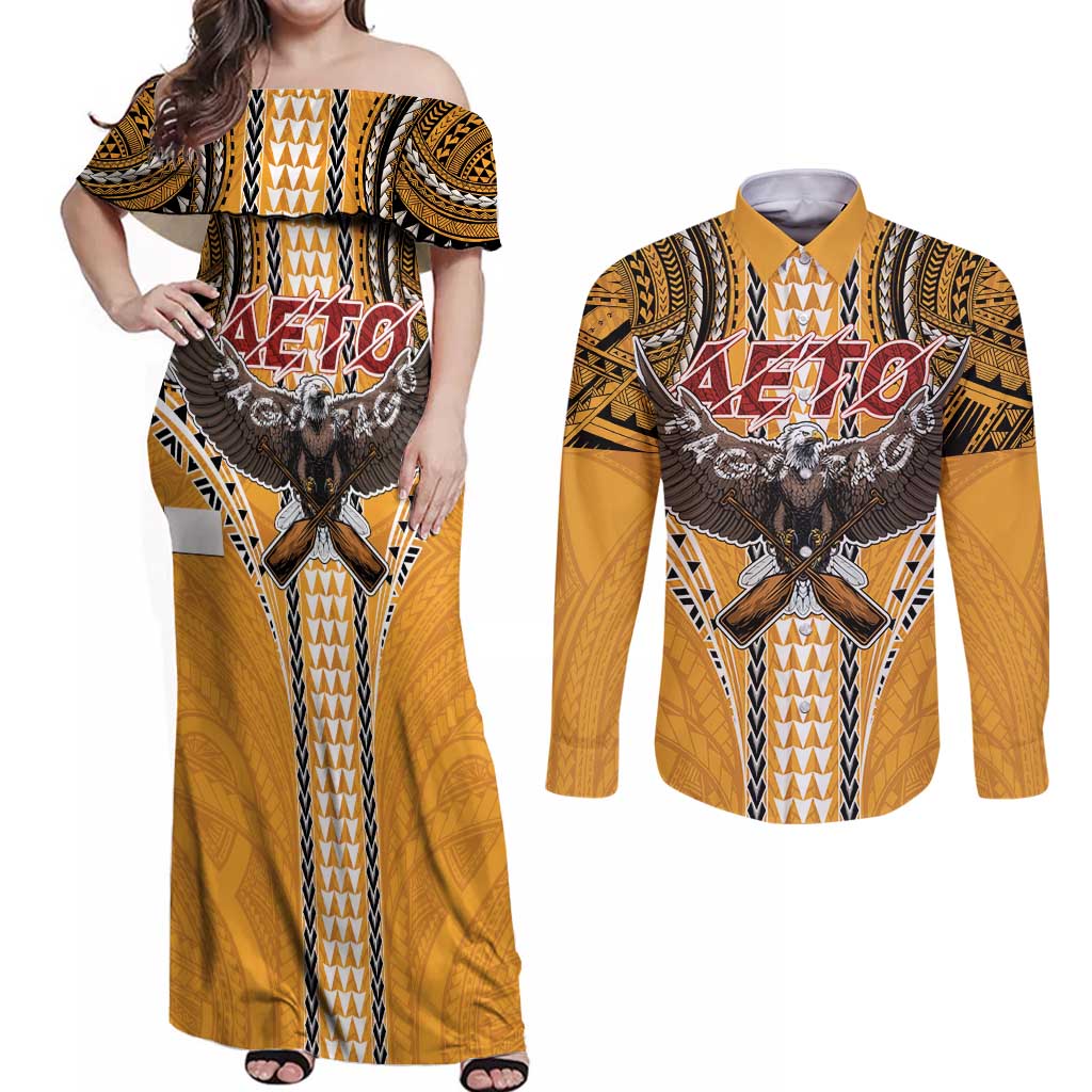 Samoa Pago Pago Aeto Couples Matching Off Shoulder Maxi Dress and Long Sleeve Button Shirt Bald Eagle with Polynesian Art Tattoos - Polynesian Pride