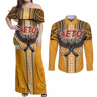 Samoa Pago Pago Aeto Couples Matching Off Shoulder Maxi Dress and Long Sleeve Button Shirt Bald Eagle with Polynesian Art Tattoos - Polynesian Pride
